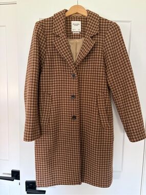 Abercrombie & Fitch Brown Houndstooth Wool-Blend Dad Coat